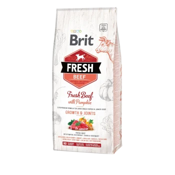 Beutel Brit Fresh Beef Hundefutter mit Kürbis, mit einem Design mit einer Kuhillustration und Text, der die Vorteile für Wachstum und Gelenke hervorhebt.