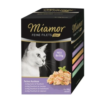 Feine Filets Mini 8x50g Mixpaket 1 Miamor Fine Filets Mini Katzenfutterbox mit einer weißen Katze, die Huhn, Thunfisch, Gemüse, Krabbe und Calamari-Geschmack enthält, 8 x 50g.