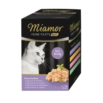 Miamor Fine Filets Mini Katzenfutterbox mit einer weißen Katze, die Huhn, Thunfisch, Gemüse, Krabbe und Calamari-Geschmack enthält, 8 x 50g.