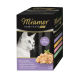 Miamor Fine Filets Mini Katzenfutterbox mit einer weißen Katze, die Huhn, Thunfisch, Gemüse, Krabbe und Calamari-Geschmack enthält, 8 x 50g.