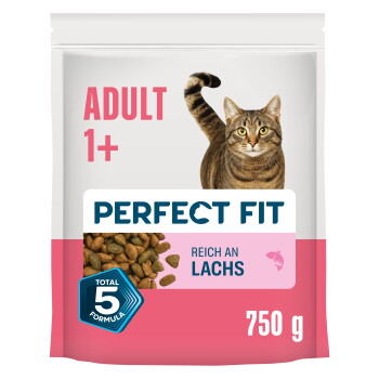 Tüte Perfect Fit Katzenfutter mit einer getigerten Katze, Kroketten und Texten 'ADULT 1+', 'PERFECT FIT', 'REICH AN LACHS', '750 g'.