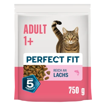 Tüte Perfect Fit Katzenfutter mit einer getigerten Katze, Kroketten und Texten 'ADULT 1+', 'PERFECT FIT', 'REICH AN LACHS', '750 g'.