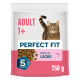 Tüte Perfect Fit Katzenfutter mit einer getigerten Katze, Kroketten und Texten 'ADULT 1+', 'PERFECT FIT', 'REICH AN LACHS', '750 g'.