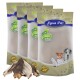 Vier Tüten Lyra Pet Nature Power Hundeleckerlis, mit Bildern eines Hundes, einer Katze und eines Welpen, mit einem Siegel, das "10 Jahren" und "100% natürlich" anzeigt.
