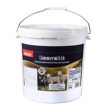 Weißer Eimer beschriftet mit 'PANTO Lämmermilch' für Lämmer und Zicklein, 10 kg, mit Bildern von Lämmern und Nährwertinformationen an der Seite.
