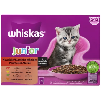Die Verpackung von Whiskas Junior Katzenfutter zeigt ein verspieltes Kätzchen auf lila Hintergrund, das "100% hochwertige Zutaten" und Fleischquellen betont.