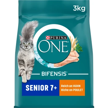 BIFENSIS Senior 7+ Huhn & Vollkorn 3 kg Purina ONE Bifensis Katzenfutter für Senioren, 3kg Beutel, mit einer flauschigen grauen Katze und dem Text "Senior 7+" und "Reich an Huhn, Riche en Poulet."