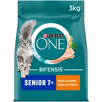Nourriture pour chats Purina ONE Bifensis pour seniors, sac de 3 kg, mettant en avant un chat gris duveteux et le texte "Senior 7+" et "Reich an Huhn, Riche en Poulet."