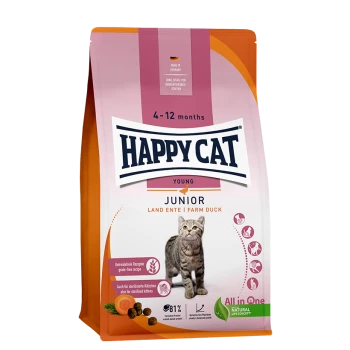Happy Cat Junior Trockenfutterbeutel für Katzen mit einer jungen Katze, beschriftet "4-12 Monate", mit "Farm Duck" als Hauptzutat.