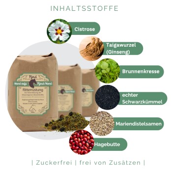 Kräuterergänzung für Pferde Ritterrüstung mit Inhaltsstoffen Zistrose, Ginsengwurzel, Brunnenkresse, Schwarzkümmel, Mariendistelsamen, Hagebutten.