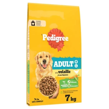 Pedigree Adult dog food, 7 kg bag, featuring chicken and vegetables, with a bowl of kibble shown on the front.