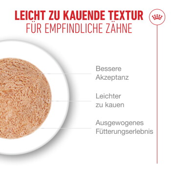 Nahaufnahme eines runden weichen Tierkauknochens für empfindliche Zähne mit deutschem Text 'LEICHT ZU KAUENDE TEXTUR FÜR EMPFINDLICHE ZÄHNE'.