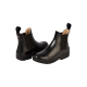 Schwarze Leder-Ankle-Boots mit elastischen Seitenpaneelen und einem weichen Innenfutter, aus zwei Blickwinkeln präsentiert.
