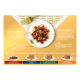 Assiette blanche de morceaux de nourriture humide GOURMET GOLD en sauce avec une fourchette dorée, entourée de texte multilingue et d'icônes de variétés de produits.