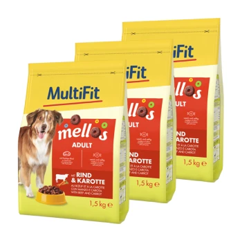 Three bags of MultiFit dog food labeled "mellos Adult" featuring a brown dog on the front, with ingredients beef and carrot.
