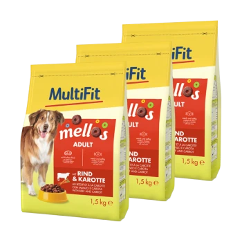Trois sacs de nourriture pour chien MultiFit étiquetés 'mellos Adult' présentant un chien marron sur le devant, avec des ingrédients de boeuf et de carotte.