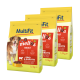 Drei Beutel MultiFit Hundefutter mit der Aufschrift "mellos Adult" und einem braunen Hund auf der Vorderseite, mit den Zutaten Rindfleisch und Karotte.