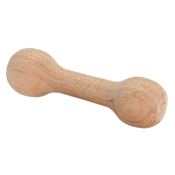 Ein hölzernes Hundekauspielzeug in Form einer Hantel, mit glatten, abgerundeten Enden und einer natürlichen Holzoberfläche.