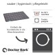 Eine schwarze, gesteppte Hundedecke von Doctor Bark, gekennzeichnet mit "sauber | hygienisch | pflegeleicht," maschinenwaschbar bis 95°C und trocknergeeignet.