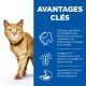 Gros plan d'un chat tigré orange avec des yeux verts à côté d'un panneau bleu énumérant les avantages : soutien cérébral, acides gras oméga et aide à la digestion.