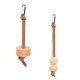 Two pet toys displayed on a white background: one features a wooden disc with a leather strap, the other has two wooden beads on a leather strap.