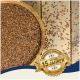 Eine Holzschüssel mit braunen Leinsamen, einige verstreut auf der Oberfläche, mit einem "Beste Qualität" und "15 Jahre" Abzeichen.