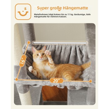 Orange getigerte Katze liegt in einer grauen supergroßen Hängematte mit den Maßen 41 cm mal 51 cm, geeignet für Katzen bis 11 kg.