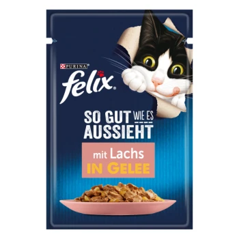 Felix Katzenfutterbeutel mit einer verspielten schwarz-weißen Katze, die durch die Verpackung schaut, beschriftet mit 'So gut wie es aussieht mit Lachs in Gelee.'