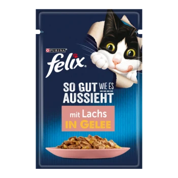 Pochette de nourriture pour chat Felix présentant un chat noir et blanc espiègle regardant à travers l'emballage, étiquetée "So gut wie es aussieht mit Lachs in Gelee."