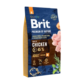 Tüte Brit-Hundefutter, Hühnerformel für mittelgroße erwachsene Hunde, 45% Huhn, mit Illustrationen von Huhn und Kräutern.