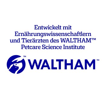 Blaues WALTHAM-Logo mit deutschem Text, der die Entwicklung mit Ernährungswissenschaftlern und Tierärzten des WALTHAM Petcare Science Institute beschreibt.