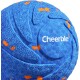 Blauer strukturierter Hundespielzeugball mit orangefarbenen Sprenkeln und dem weißen Schriftzug „Cheerble“.