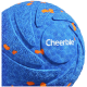 Blauer strukturierter Hundespielzeugball mit orangefarbenen Sprenkeln und dem weißen Schriftzug „Cheerble“.