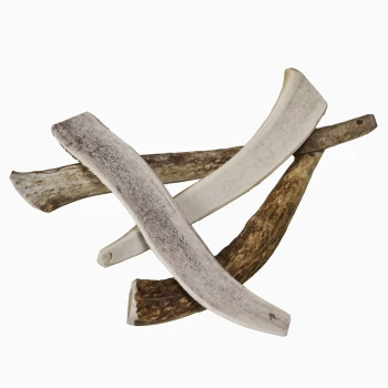 Une collection de bois de cerf à mâcher pour chiens de différentes formes et couleurs, présentant des tons marron clair et foncé, disposés en motif croisé.