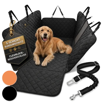 Golden Retriever auf schwarzer, gesteppter Autositzauflage mit Leine; Etikett: '5-SCHICHT-RUNDUMSCHUTZ, CLEANLOCK-REISSVERSCHLUSS'.