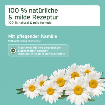 Produktetikett mit Gänseblümchen, das "100% natürliche & milde Rezeptur" und "Mit pflegender Kamille" angibt, betont eine beruhigende Kamille-Formel.