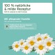 Produktetikett mit Gänseblümchen, das "100% natürliche & milde Rezeptur" und "Mit pflegender Kamille" angibt, betont eine beruhigende Kamille-Formel.