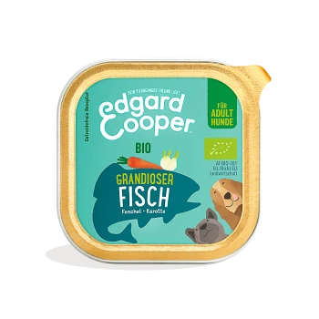 Edgard Cooper Bio-Hundefutterverpackung mit türkisfarbenem Hintergrund, goldenen Akzenten und Illustrationen von Fisch, Fenchel und Karotte. Text: "GRANDIOSER FISCH."