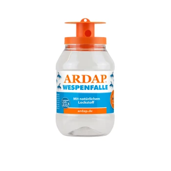 Klarer Plastik-Wespentrick mit der Aufschrift "ARDAP WESPENFALLE" und einem orangefarbenen Deckel, mit Text über natürlichen Lockstoff und langanhaltenden Schutz.