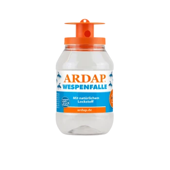 Klarer Plastik-Wespentrick mit der Aufschrift "ARDAP WESPENFALLE" und einem orangefarbenen Deckel, mit Text über natürlichen Lockstoff und langanhaltenden Schutz.