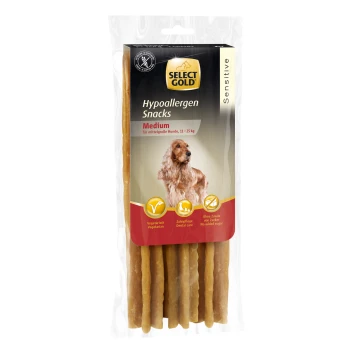 Select Gold hypoallergene Snacks für mittelgroße Hunde (11-25 kg), mit einem Hundebild, vegetarisch, Zahnpflege und ohne Zuckerzusatz-Symbole.