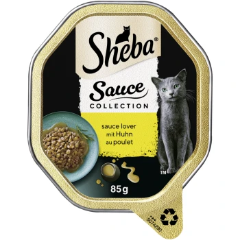 Sauce Collection Sauce Lover 22x85 g Huhn Verpackung für Sheba Sauce Collection Katzenfutter mit einer grauen Katze, einer Schüssel mit Huhn in Sauce und dem Text "sauce lover mit Huhn au poulet" mit 85g Gewicht.