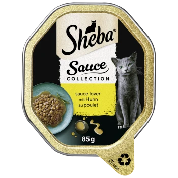 Verpackung für Sheba Sauce Collection Katzenfutter mit einer grauen Katze, einer Schüssel mit Huhn in Sauce und dem Text "sauce lover mit Huhn au poulet" mit 85g Gewicht.