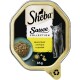 Verpackung für Sheba Sauce Collection Katzenfutter mit einer grauen Katze, einer Schüssel mit Huhn in Sauce und dem Text "sauce lover mit Huhn au poulet" mit 85g Gewicht.