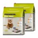 Zwei Tüten Premiere Meat Menu Katzenfutter, mit einer getigerten Katze, beschriftet mit "Light Adult" und 49% Geflügelanteil, jeweils 10 kg.