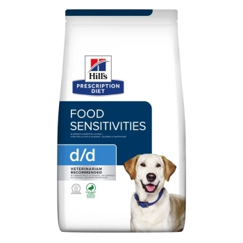 Tüte mit Hill's Prescription Diet d/d Futterempfindlichkeiten Hundefutter, mit einem lächelnden Labrador Retriever, mit dem Text 'Vom Tierarzt empfohlen'.