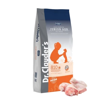 Dr. Clauder's High Premium Junior AGR Hundefutterbeutel mit einer Silhouette eines Kindes und eines Welpen, mit den Aufschriften "810g" und "All-Breed".