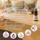 Schlafende Katze neben Ruhe Wunder Sprayflasche mit deutschem Text, der natürliche Aromatherapie-Vorteile für Haustiere beschreibt.