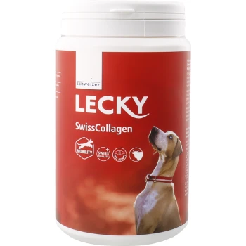 Behälter mit LECKY SwissCollagen für Hunde, mit einem roten Etikett mit einem Bild eines Hundes, das Mobilität und Schweizer Qualität betont.