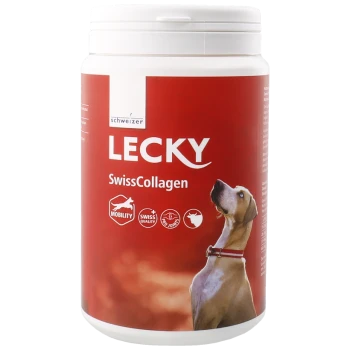 Behälter mit LECKY SwissCollagen für Hunde, mit einem roten Etikett mit einem Bild eines Hundes, das Mobilität und Schweizer Qualität betont.